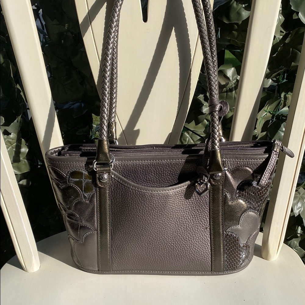 BRIGHTON  Gray Flower Embossed Leather Tote Bag